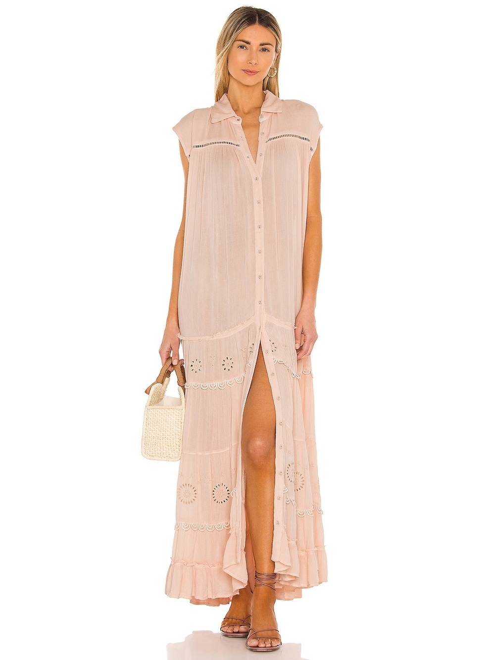 Free People Blush Button-Front Maxi Dress with Lace Trim